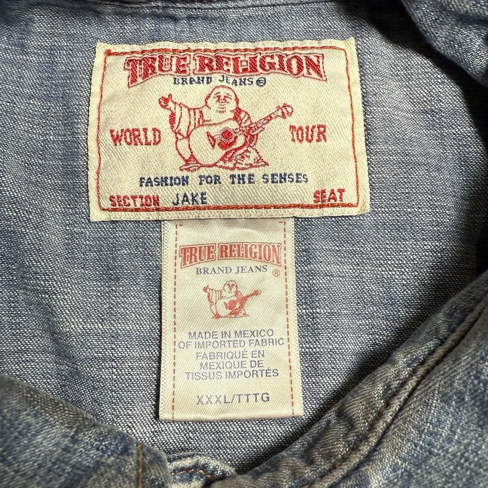 True Religion Jake Denim‎ Western Shirt Mens Blue Pearl Snap LS 3XL (Fits XL)